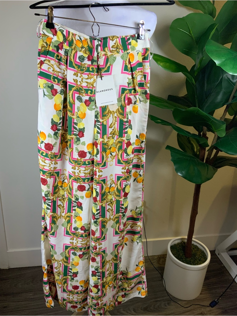 Glamorous White Floral-Print Wide Leg Pants with Pink Trim